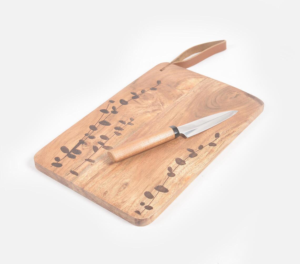 Hand Etched Cutting Board with leather strap - Natural - VAQL101014105539