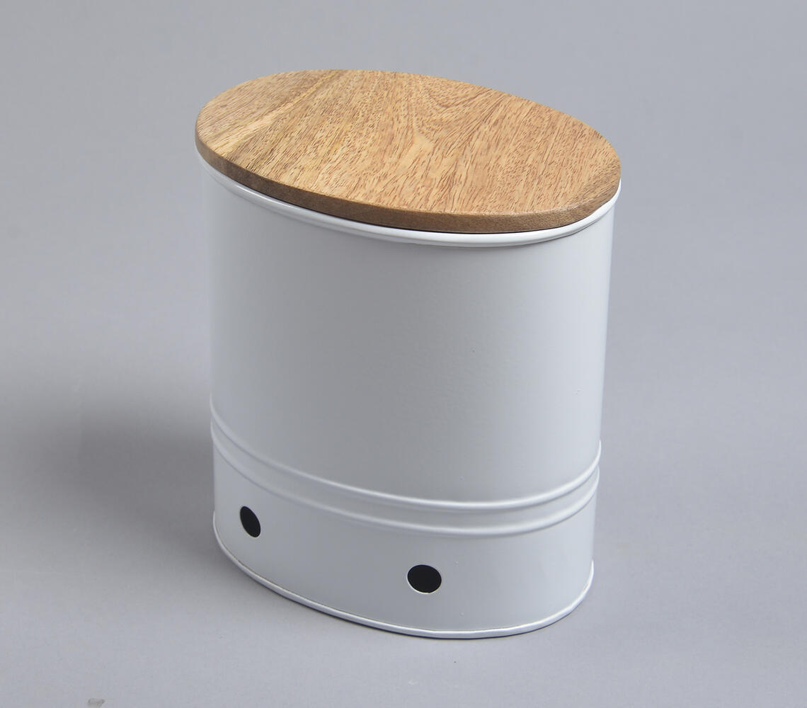 White Galvanized Iron Ribbed Box with Wooden Lid - White - VAQL101014105580