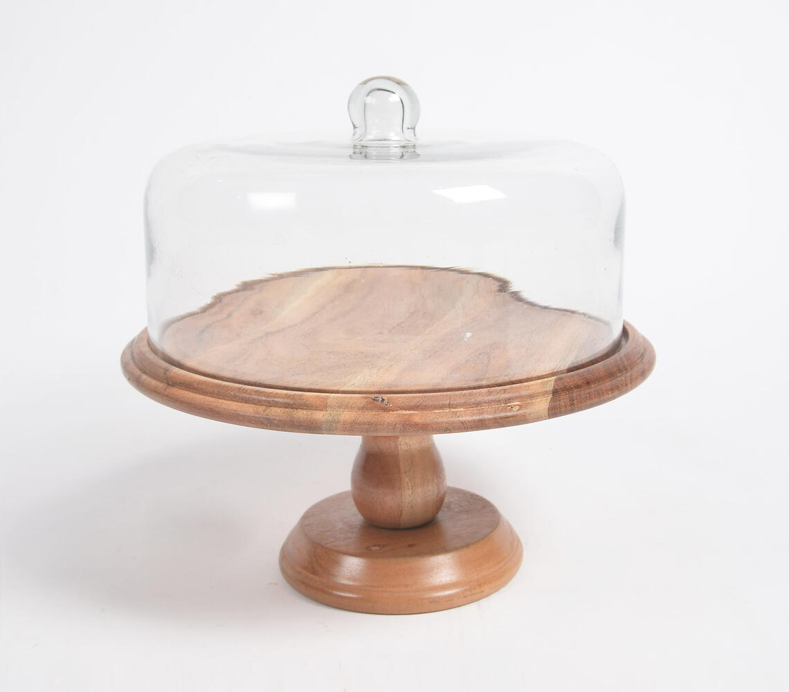 Acacia Wood Cake Stand With Glass Cloche - Natural - VAQL101014105593
