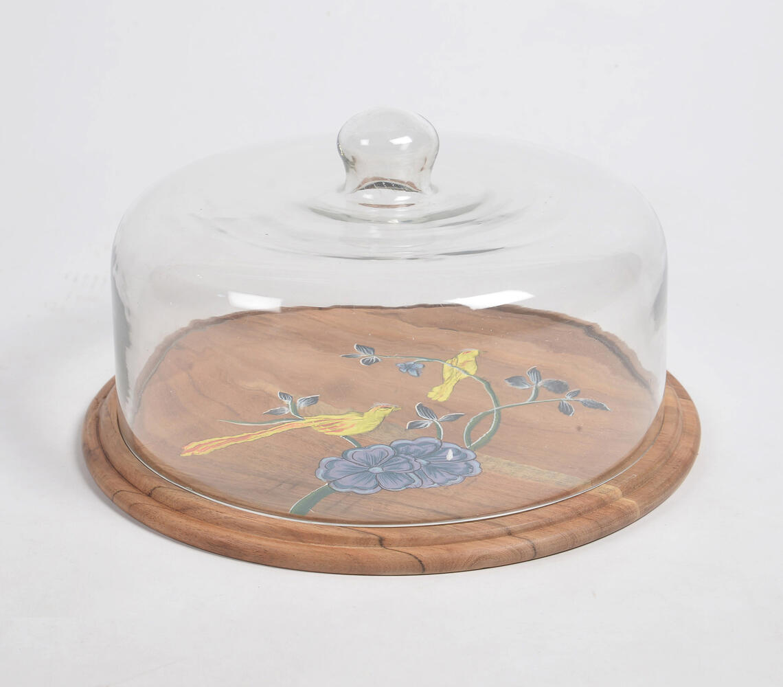 Hand Printed Acacia Wood Cake Stand With Glass Cloche - Natural - VAQL101014105605