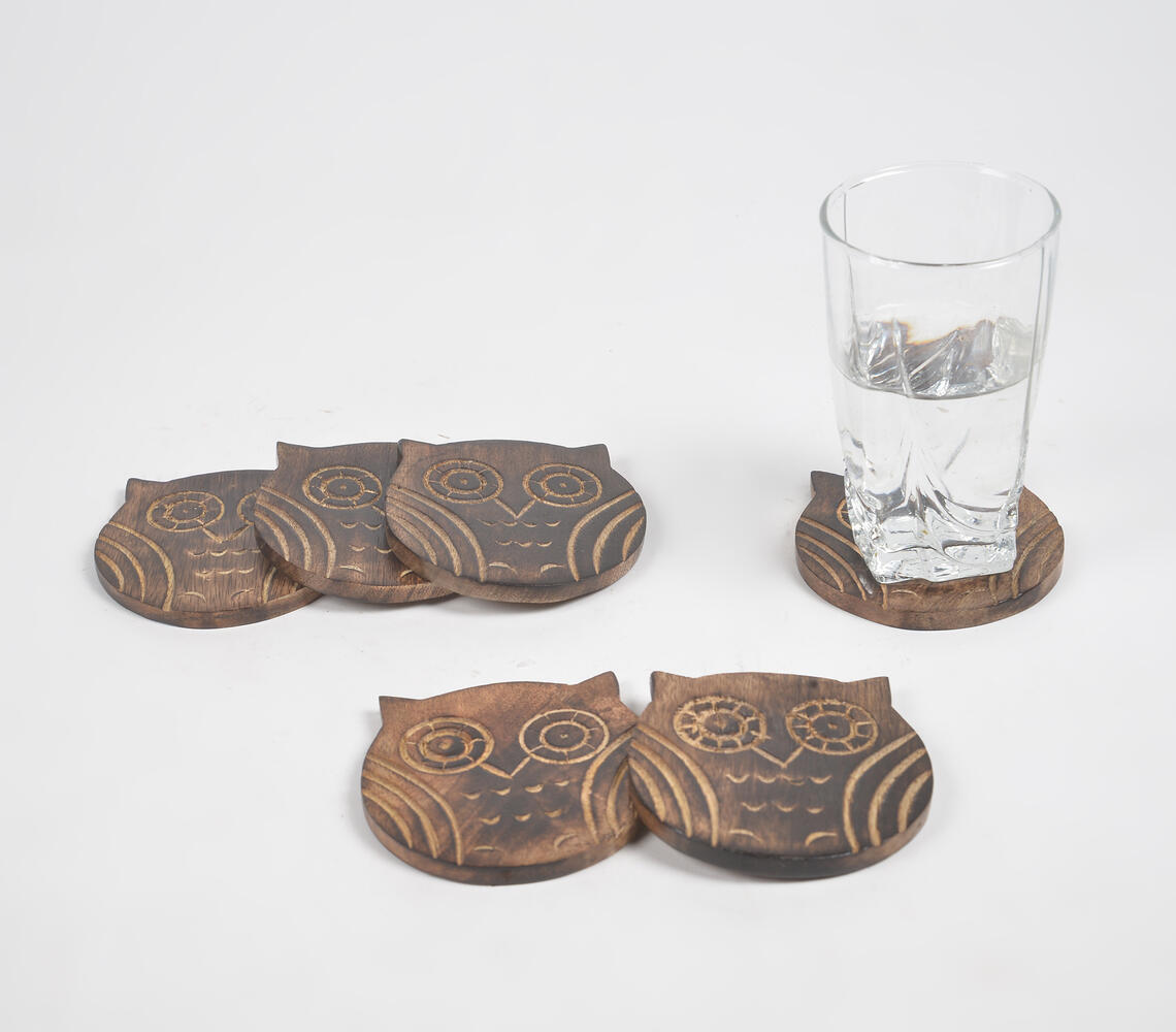 Hand Carved Owl Coasters (set of 4) - Natural - VAQL101014110074