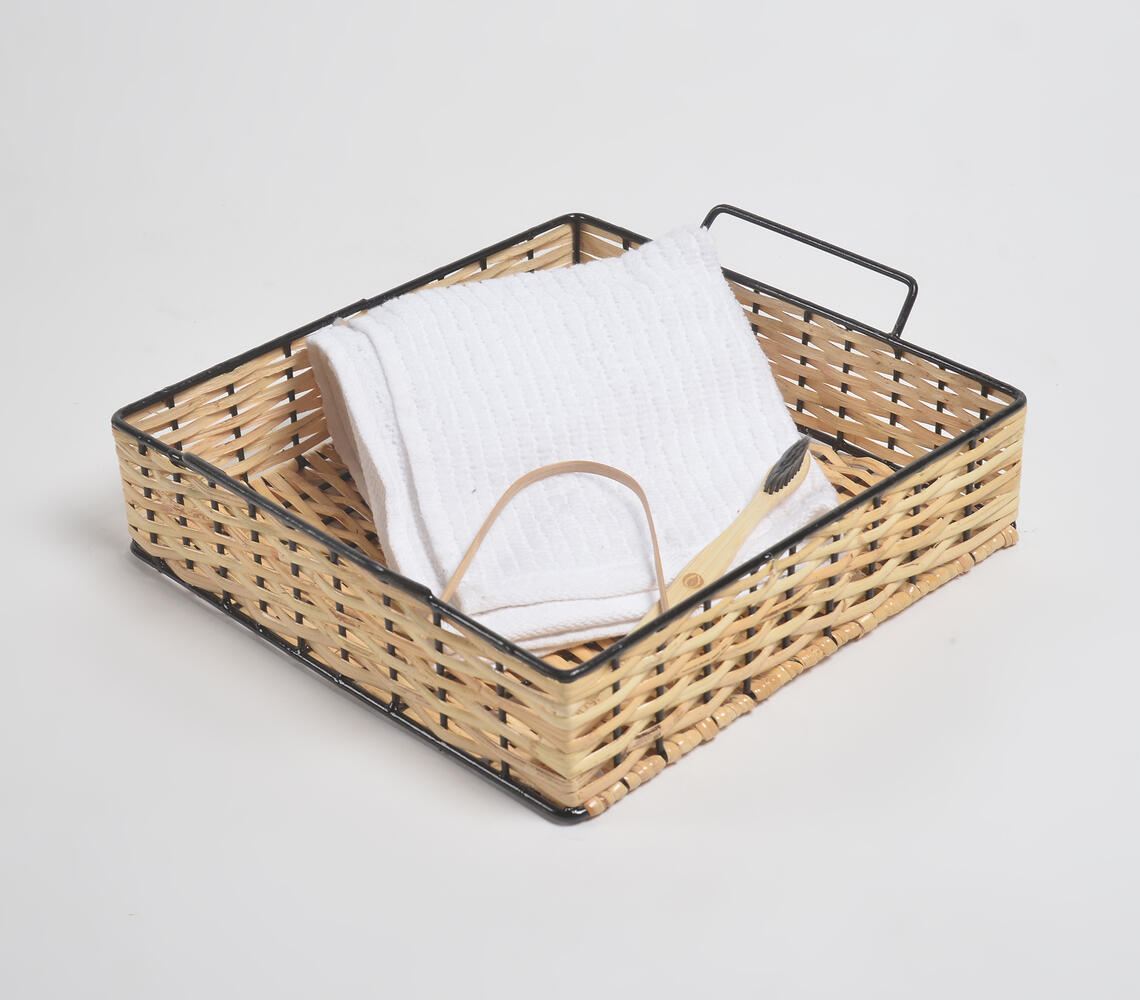 Classic Square Handwoven Cane & Iron Tray - Natural - VAQL101014110076