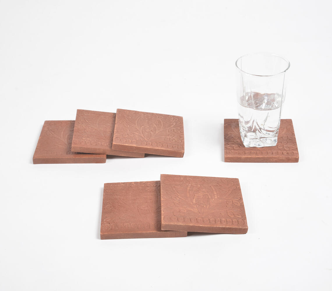 Botanical Hand Carved Wooden Coasters with Box (set of 6) - Natural - VAQL101014110179