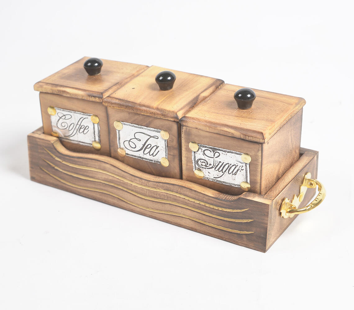 Hand Carved Mango Wood Storage Jars & Tray Set - Natural - VAQL101014111771