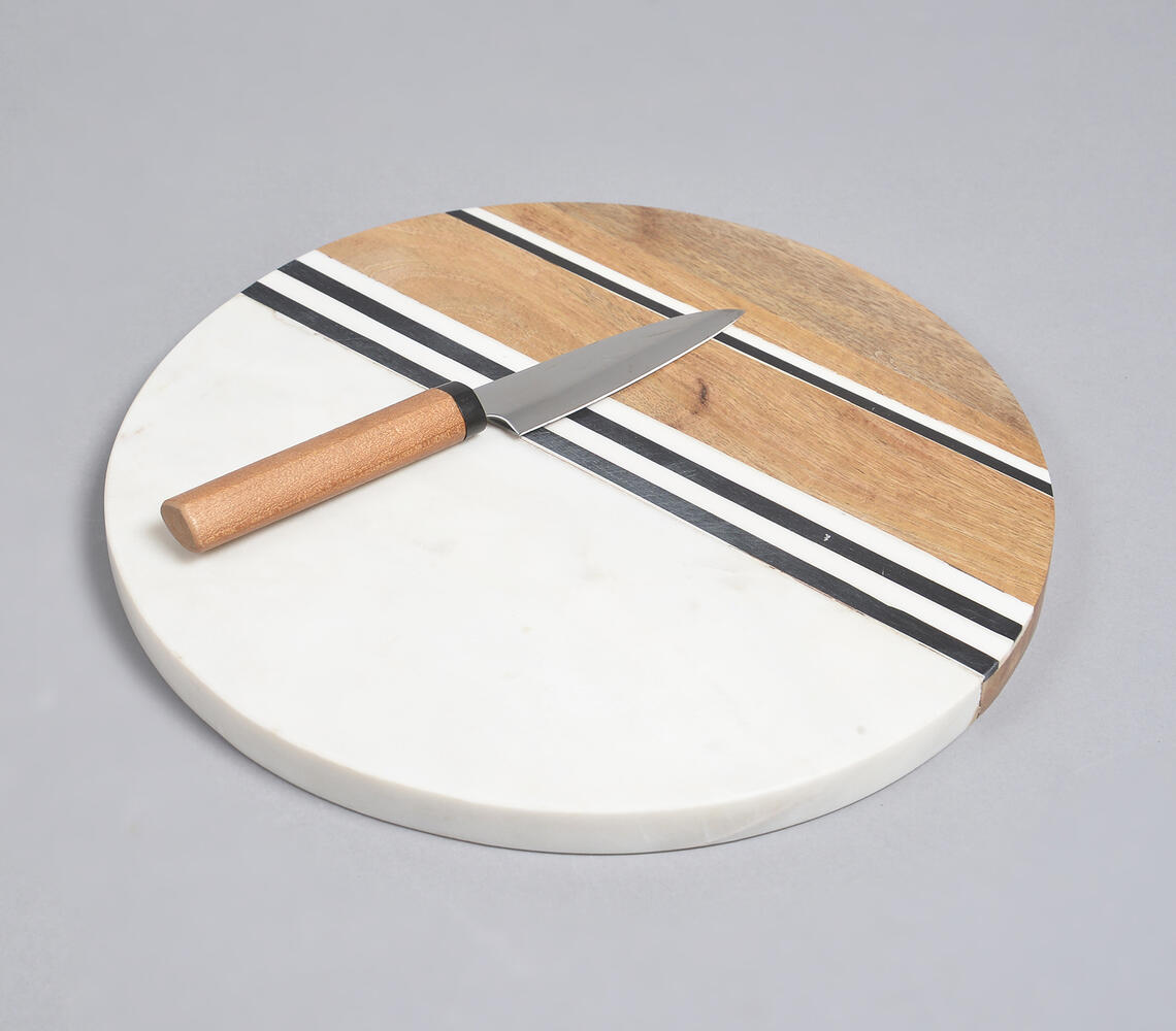 Hand Cut Marble & Mango Wood Round Chopping Board - Multicolor - VAQL101014120996