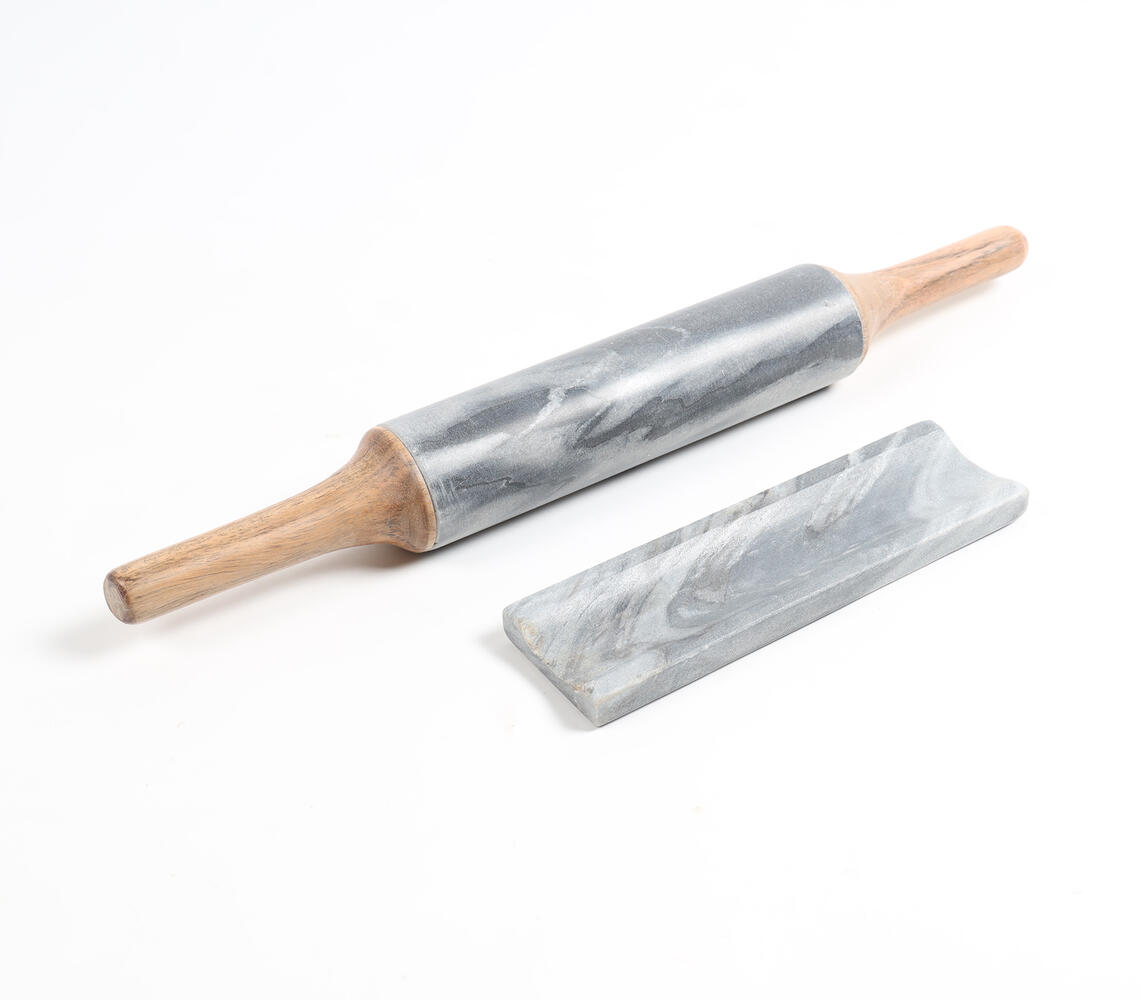 Smoky Marble & Wooden Rolling Pin With Stand - Grey - VAQL101014121464