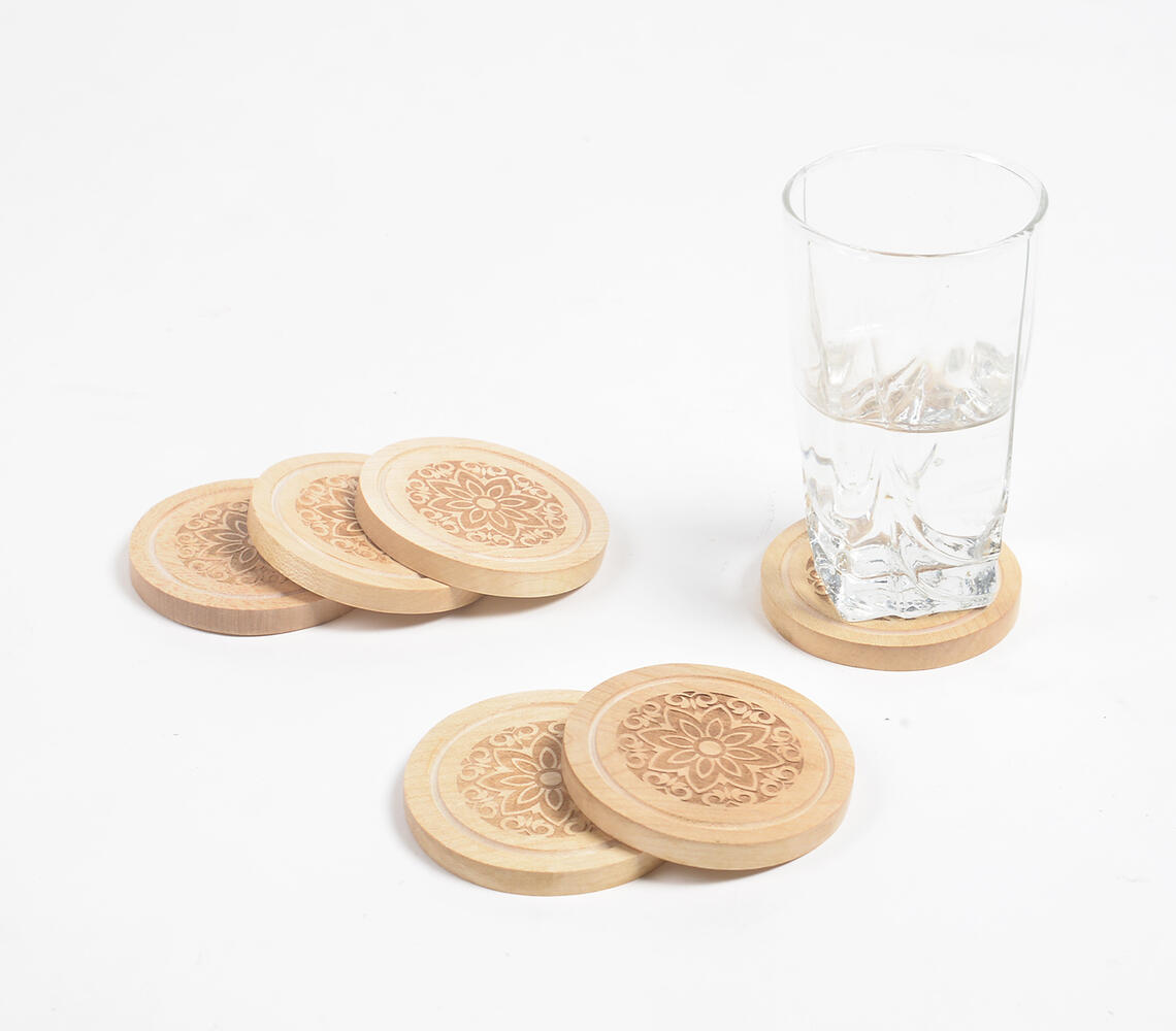 Engraved Wooden Mandala Coasters (Set of 6) - Natural - VAQL101014121500