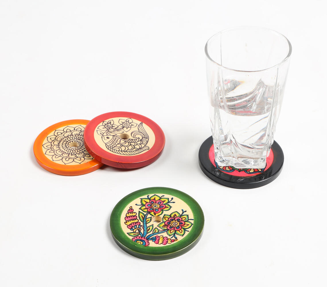 Hand Painted & Turned Wooden Channapatna Coasters with Stand (set of 4) - Multicolor - VAQL101014121526