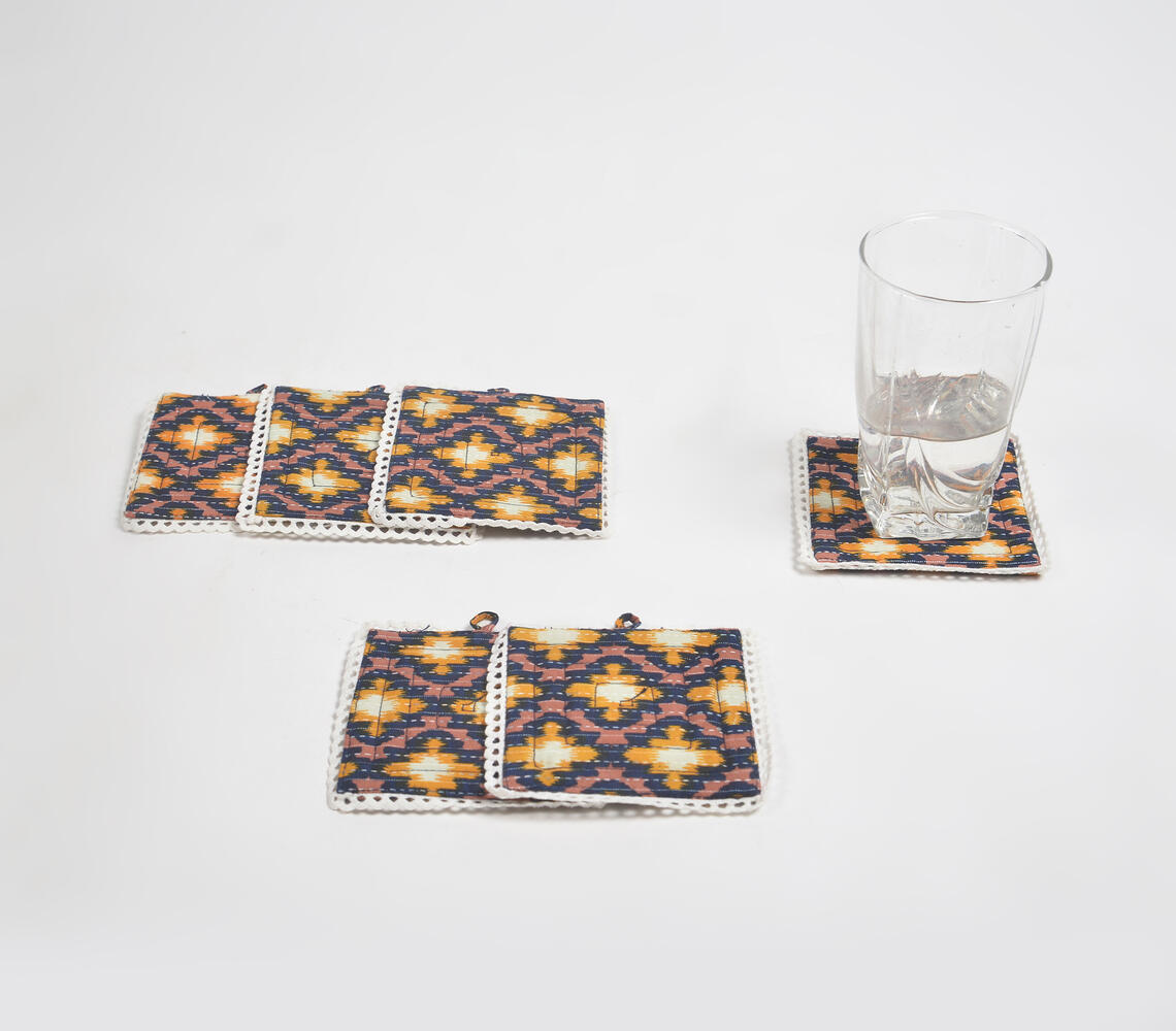 Block Printed Floral Deco Coasters (Set of 6) - Mustard - VAQL101014124994