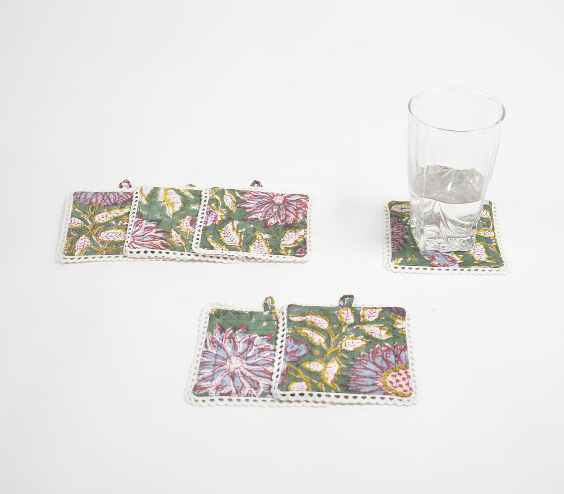 Floral Green Cotton Coasters (Set of 6) - Green - VAQL101014125002