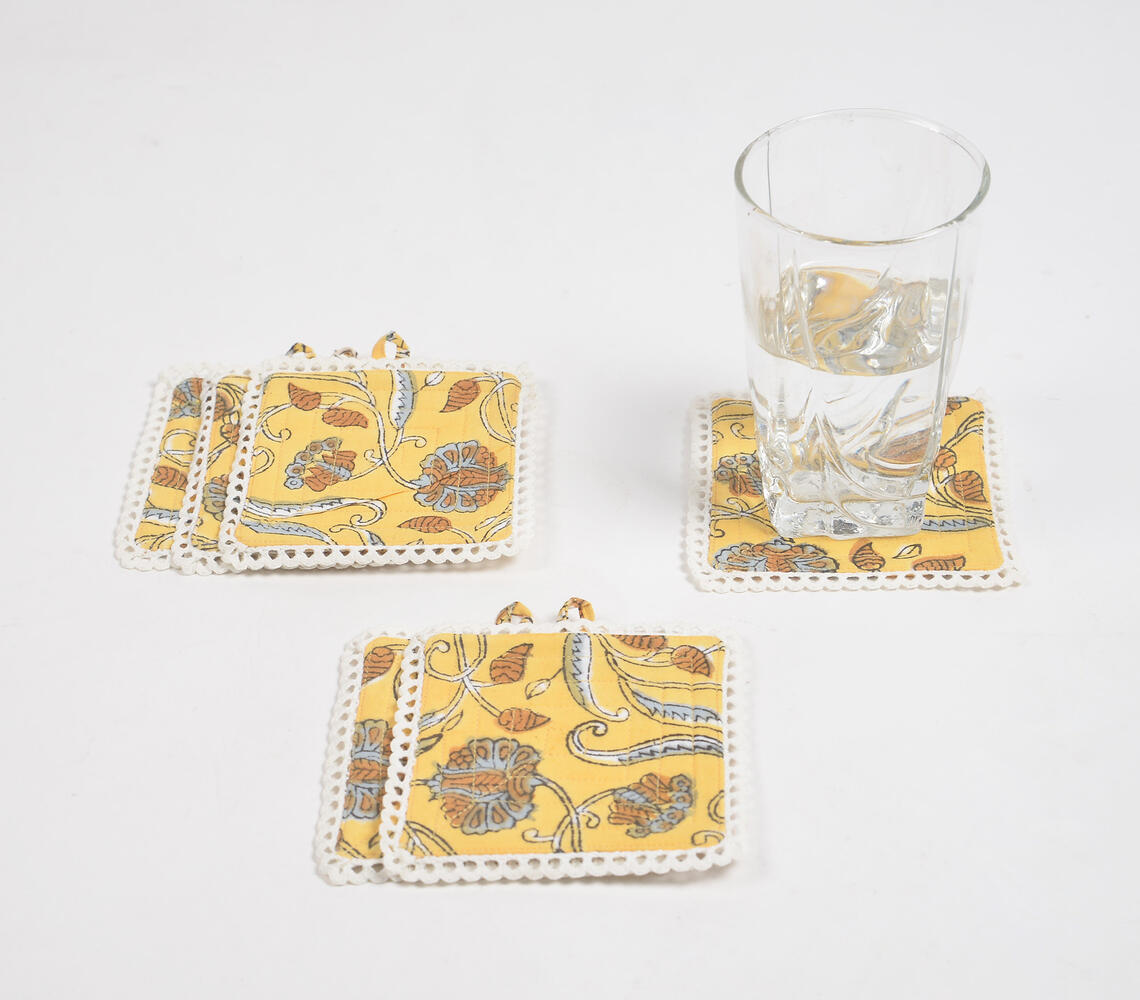 Block Printed Lemon Floral Cotton Coasters with Lace Trims (set of 6) - Yellow - VAQL101014125007