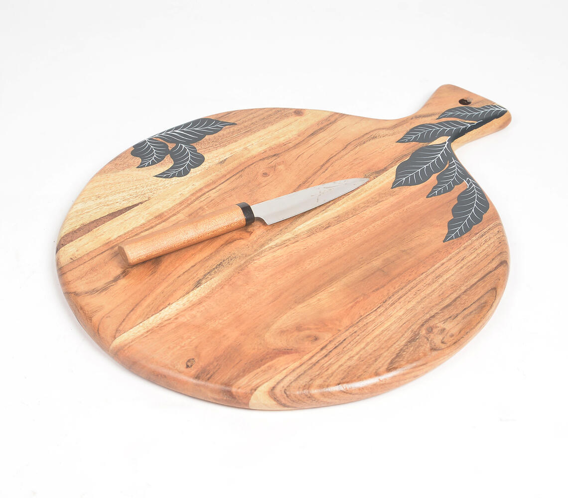 Acacia Wood Leaf Printed Chopping Board - Multicolor - VAQL101014126856