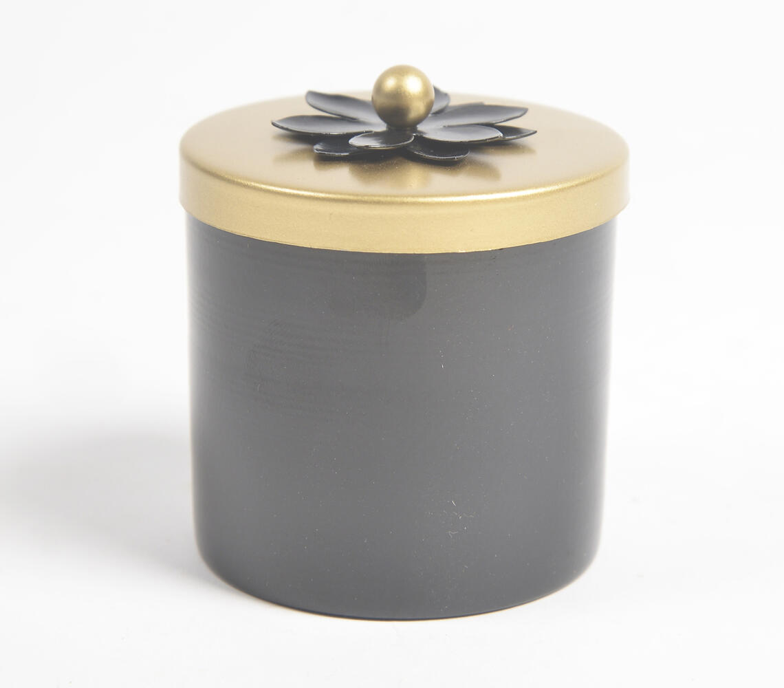 Noir Metallic Jar with Floral Motif Lid - Black - VAQL101014128440