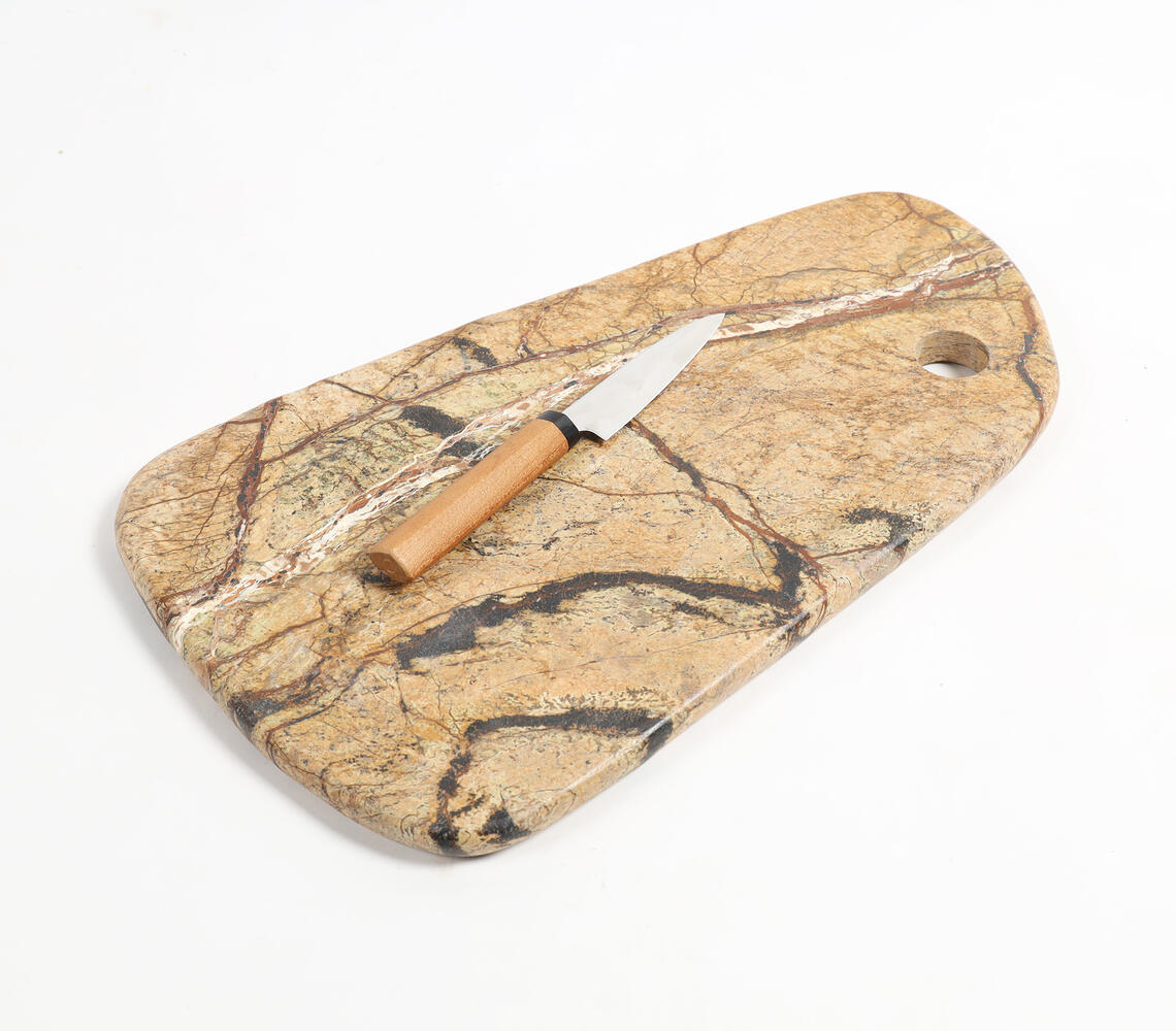 Abstract Cut Natural Marble Cheese Board with Knife - Brown - VAQL101014136333