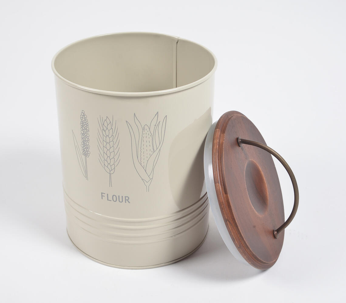 Flour Storage Metallic Barrel With Wooden Lid - White - VAQL101014140073