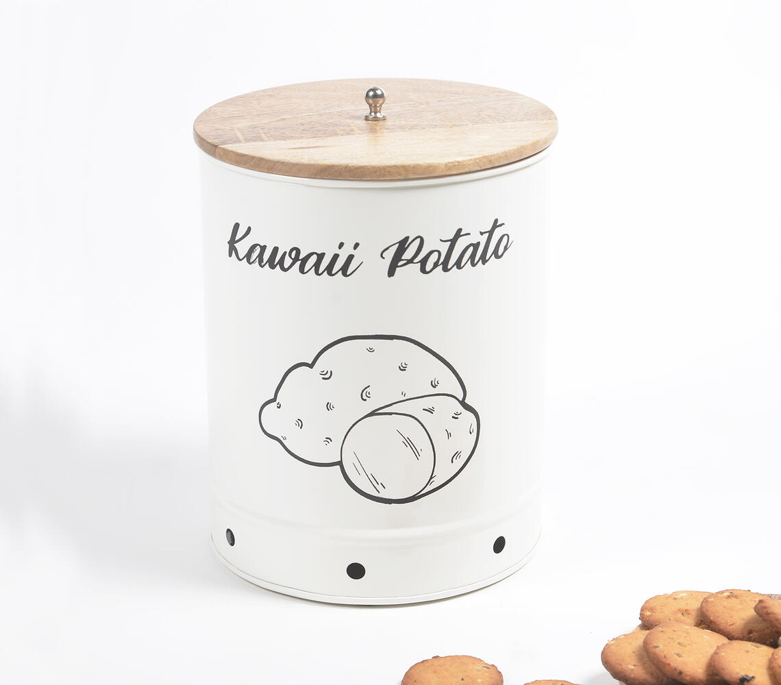 Galvanized Iron 'Kawaii Potato' Storage Jar with Wooden Lid - White - VAQL10101456187