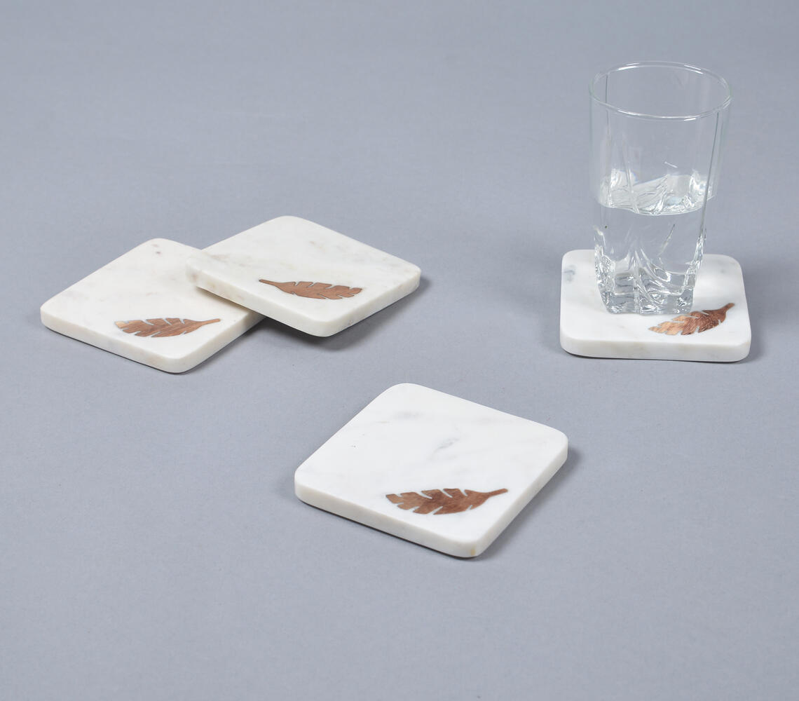 Feather Inlaid Marble Coasters (set of 4) - White - VAQL10101472205
