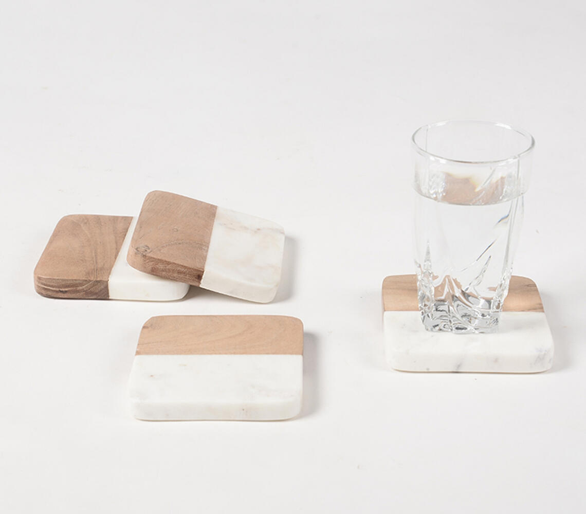 Hand Cut Marble & Wood Coasters (set of 4) - Natural - VAQL10101473867