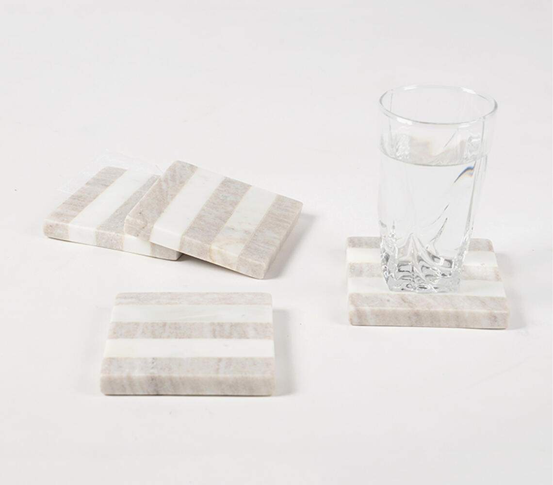Hand Cut Striped Marble Coasters (set of 4) - Off-White - VAQL10101473871