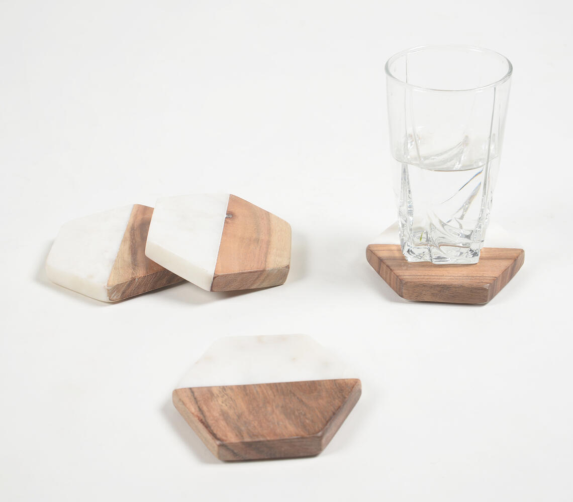 Hand Cut Acacia Wood & Marble Hexagon Coasters (set of 4) - White - VAQL10101474438