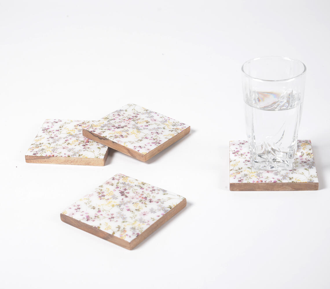 Floral Enamelled Wooden Coasters (set of 4) - Multicolor - VAQL10101476016