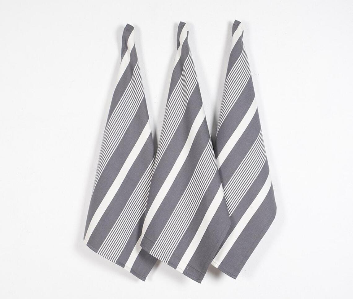Striped Grey Kitchen Towels (set of 3) - White - VAQL10101477901