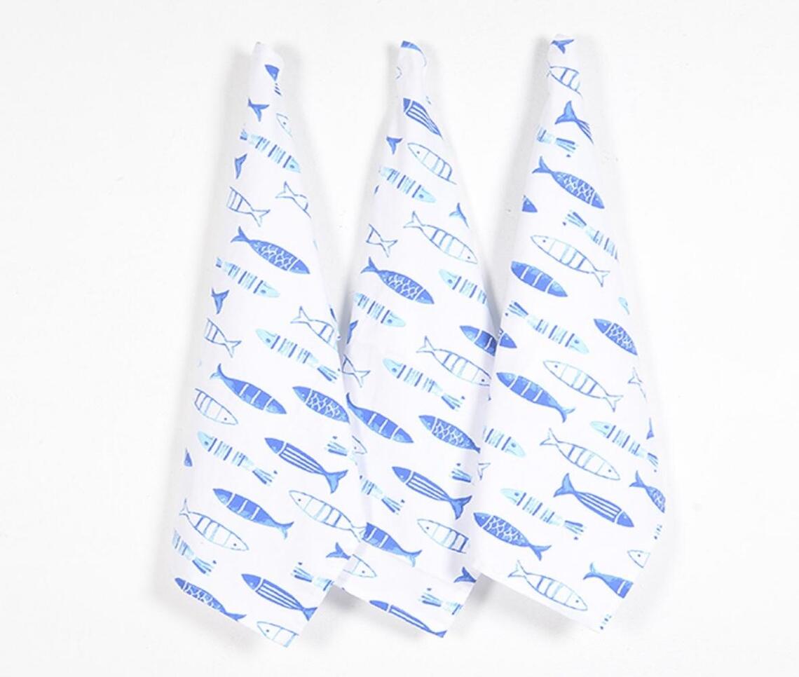 Fish Printed Kitchen Towels (set of 3) - Blue - VAQL10101477908