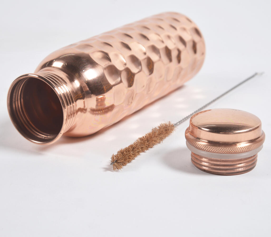 Hand Beaten Copper Water Bottle with Cleaning Brush - Copper - VAQL10101479813