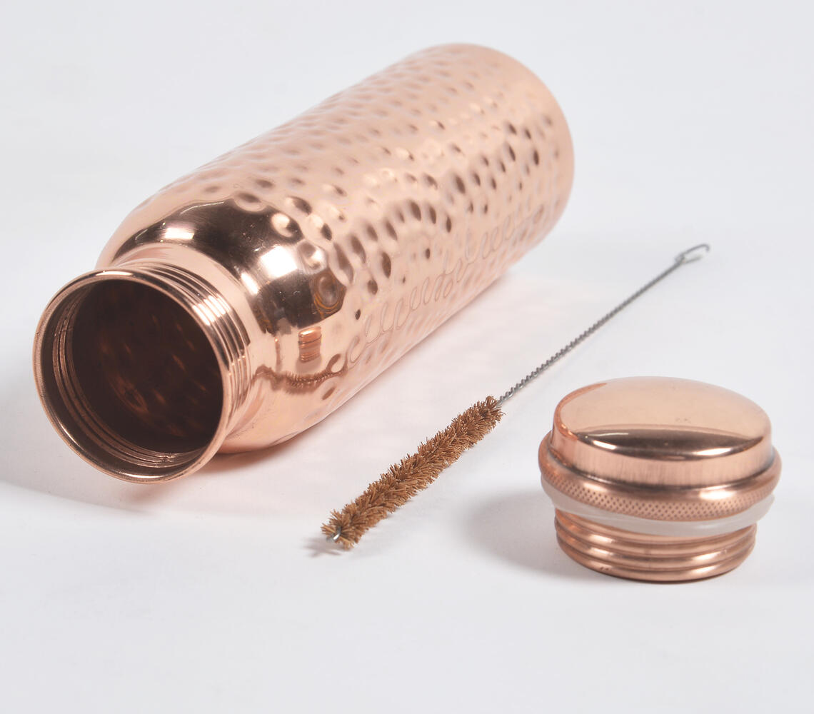 Hand Beaten Copper Water Bottle with Cleaning Brush - Copper - VAQL10101479816