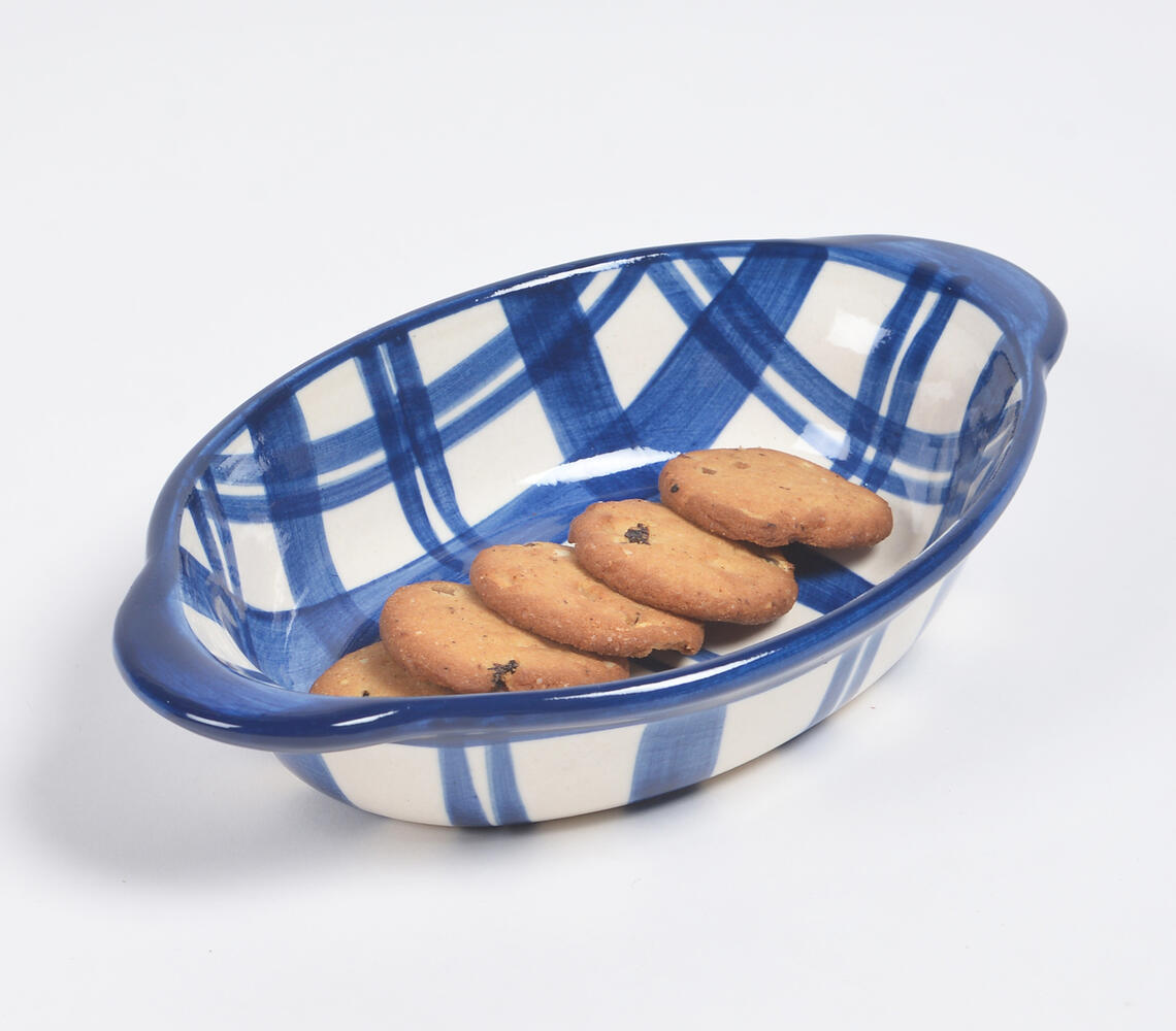 Indigo Plaid Ceramic Oval Baking Dish - Blue - VAQL10101482556