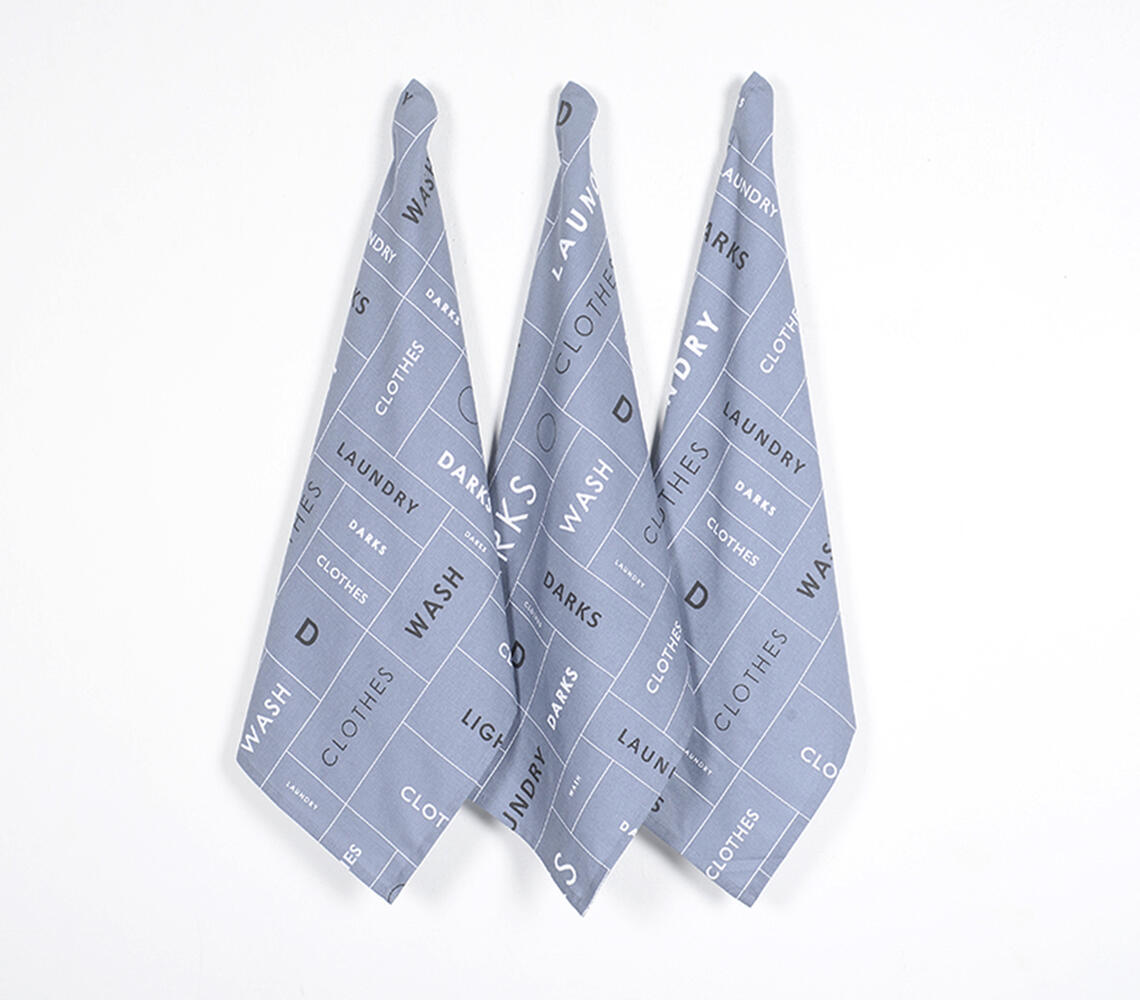 Typographic Handwoven Cotton Kitchen Towels (set of 3) - Blue - VAQL10101483187