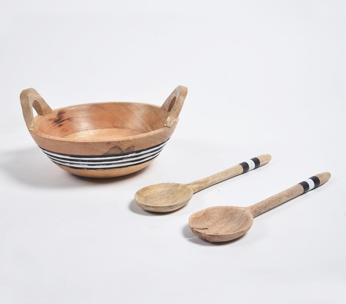 Turned & Striped Mango Wood Salad Bowl With Spoons - Natural - VAQL10101484685