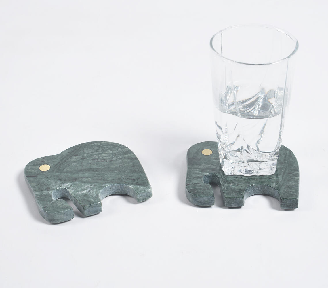 Hand Cut & Inlaid Green Marble Elephant Coasters (set of 2) - Green - VAQL10101484846