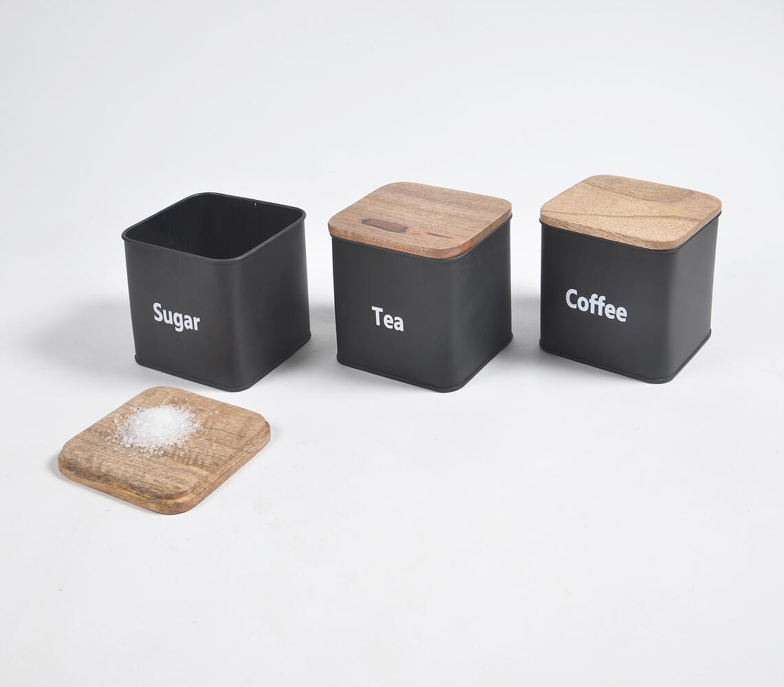 Galvanized Iron Charcoal Typographic Canisters with wooden lid (Set of 3) - Black - VAQL10101495938