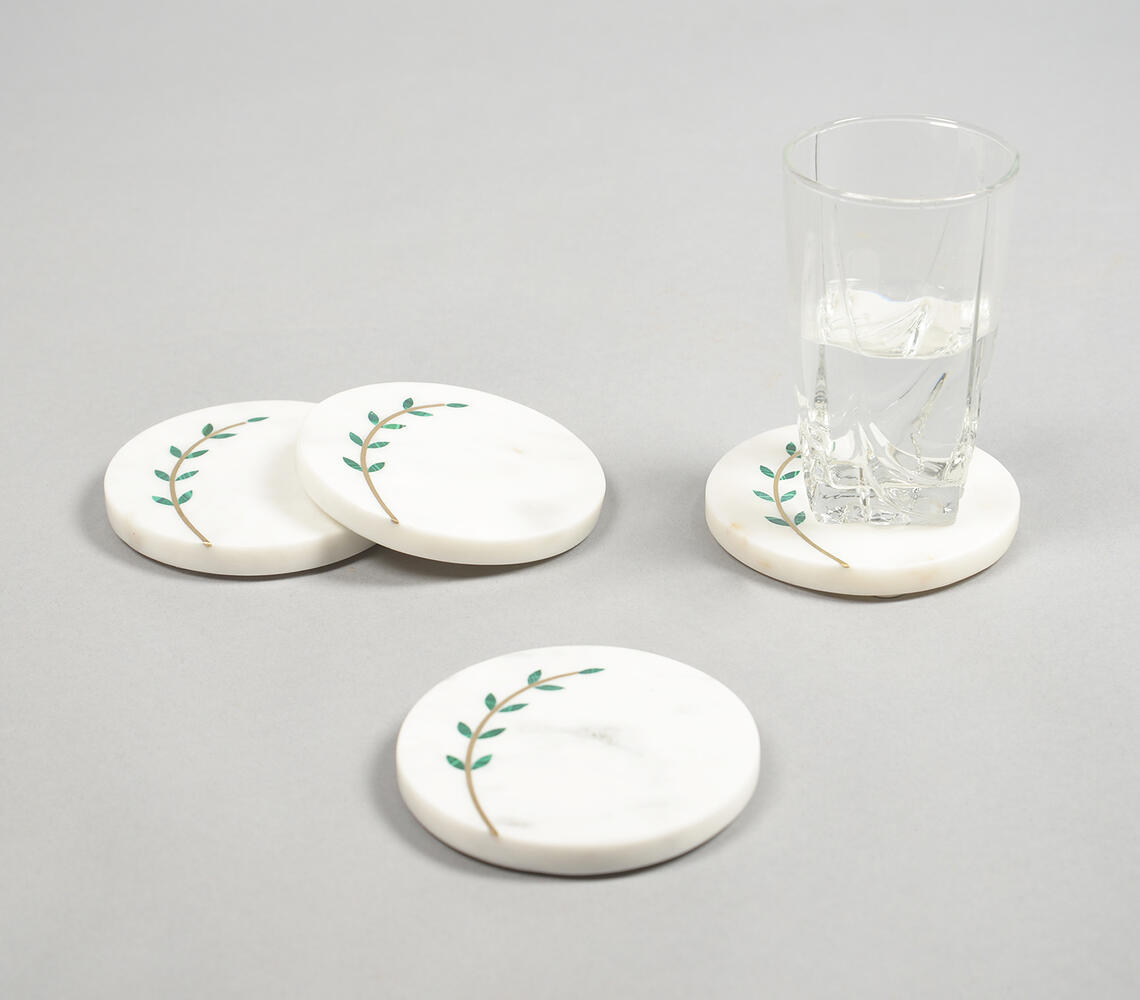 Hand Cut White Marble Leaf Branch Coasters (Set of 4) - White - VAQL10101499330