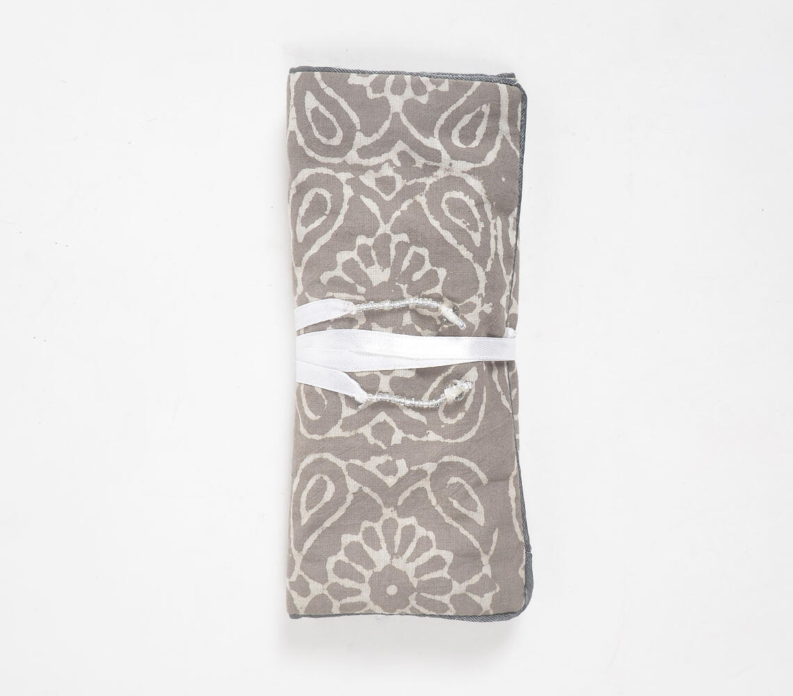 Block Printed Taupe Floral Wrap-Around Cotton Clutch - Grey - VAQL101015100897
