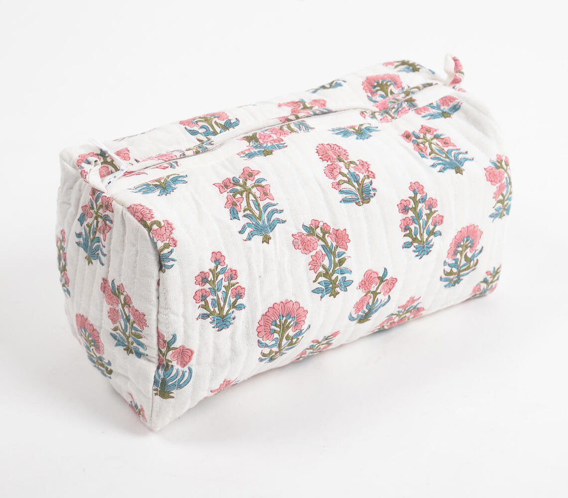 Block Printed & Quilted Floral Cotton Box Pouch - White - VAQL101015100904