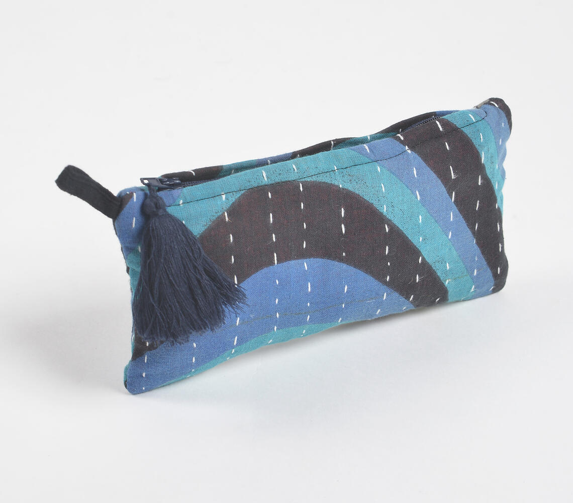 Hand Stitched Upcycled Fabric Blue Pouch - Blue - VAQL101015100908