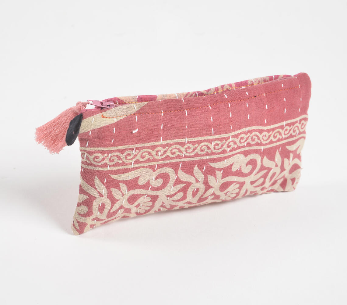 Hand Stitched Upcycled Fabric Pink Pouch - Pink - VAQL101015100909