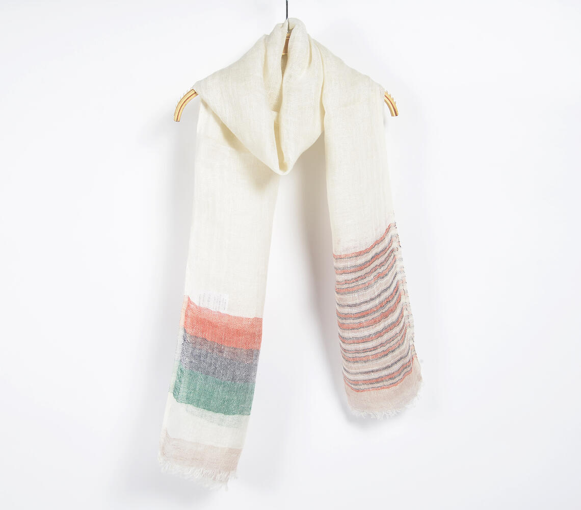 Ivory Linen Scarf with Border Stripes - White - VAQL101015100931