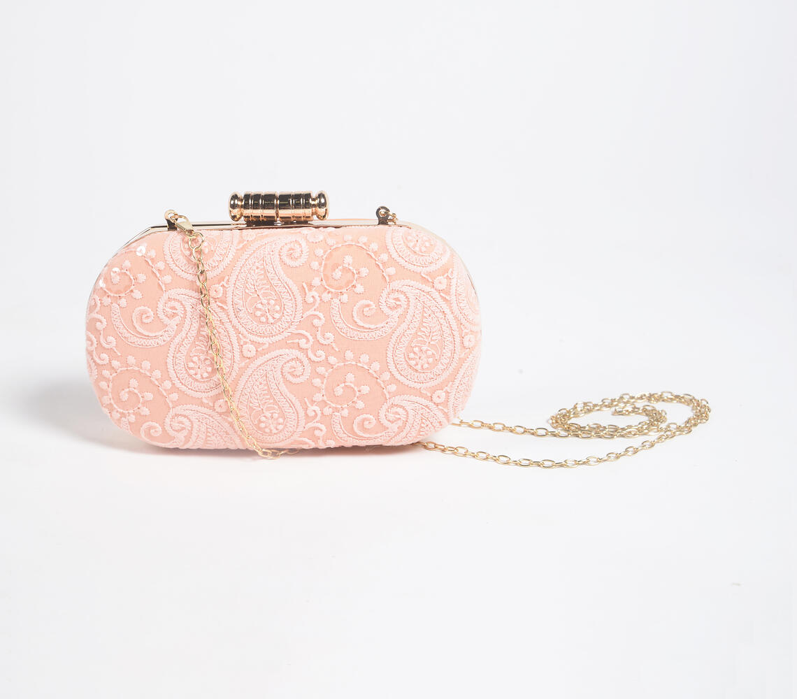 Chikankari Paisley Embroidered Clutch with Metallic Sling Chain - Beige - VAQL101015101647