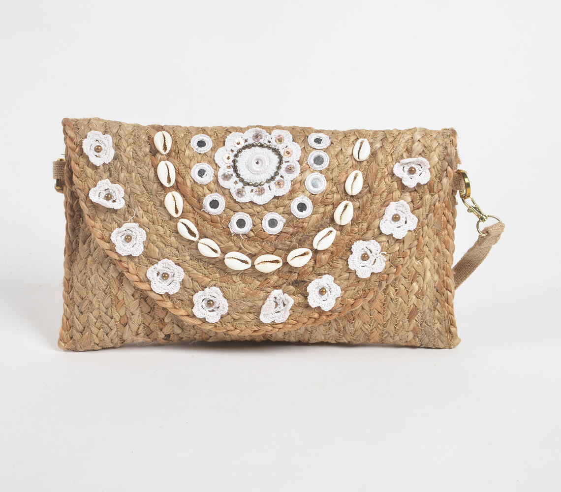 Embellished Shells & Flowers Jute Sling Bag - Brown - VAQL101015103430