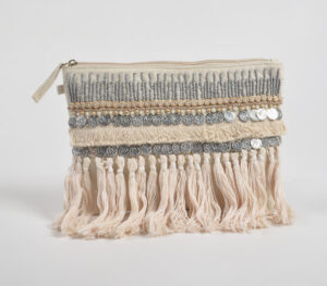 Coin & Tassel Embellished Canvas Pouch - White - VAQL101015103442