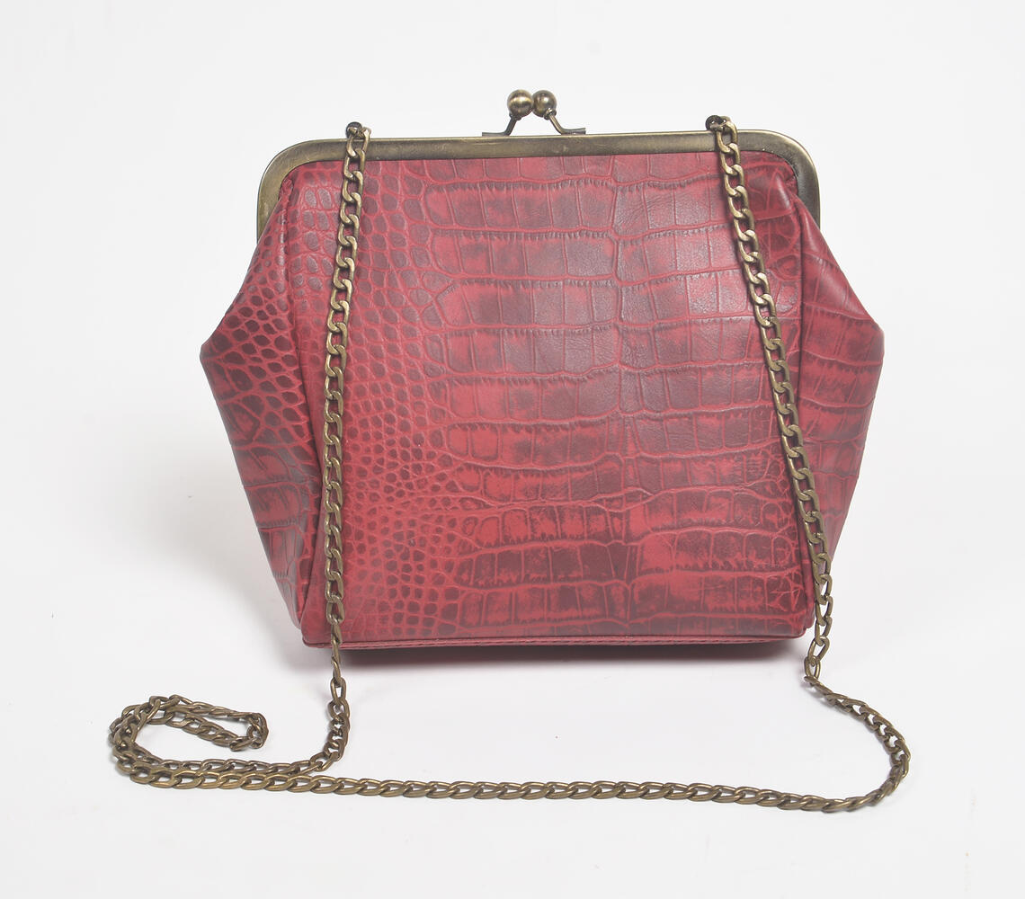 Genuine Leather croc-Textured Sling Bag - Wine - VAQL101015105219