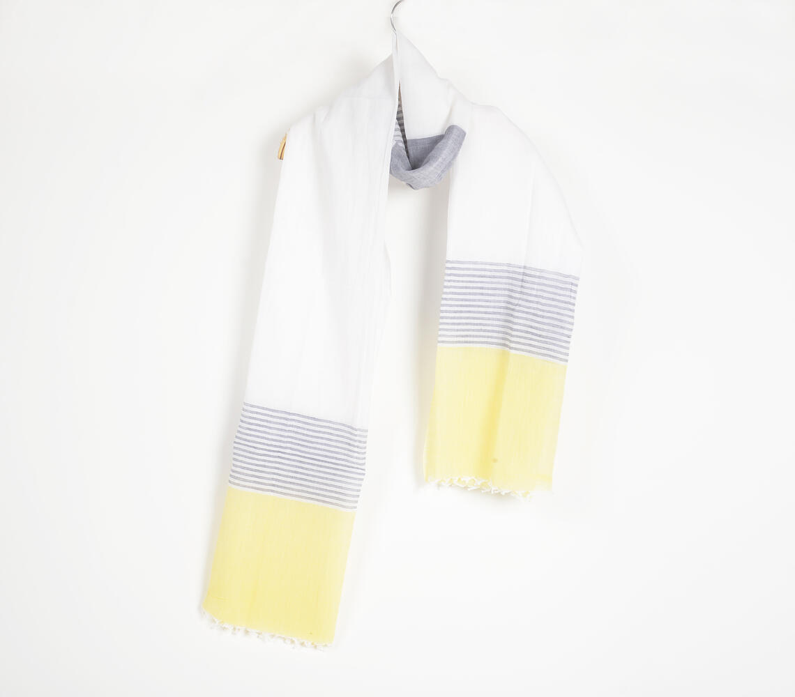 Handloom Cotton Grey & Yellow Colorblock Scarf - Blue - VAQL101015105291