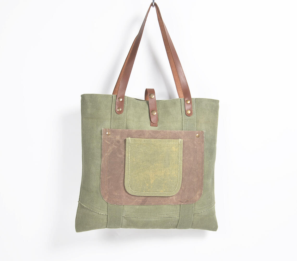 Hand Stitched Canvas Steel Green Tote Bag - Green - VAQL101015105353