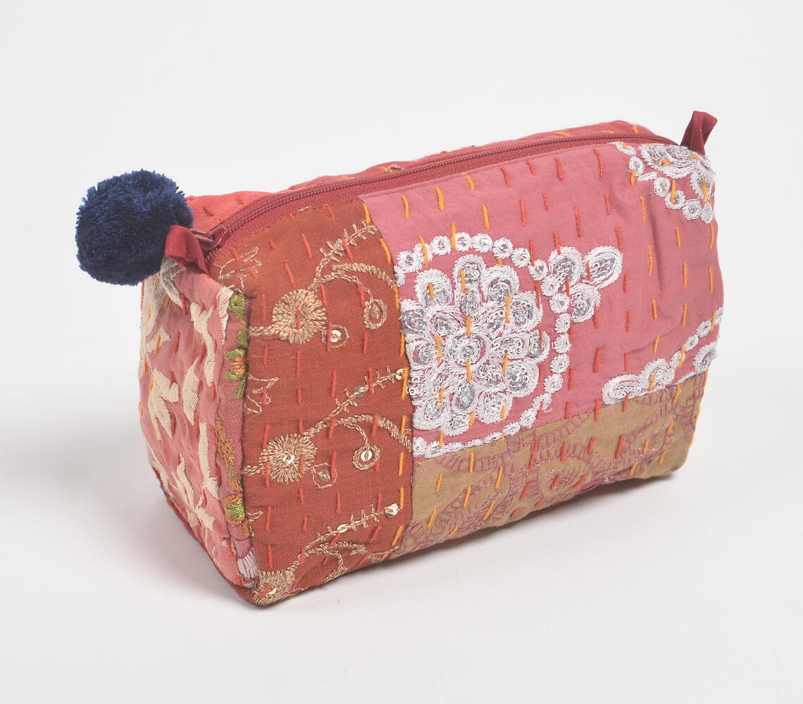 Patch Work Cotton Red Eco-Friendly Cosmetic Pouch - Red - VAQL101015105666