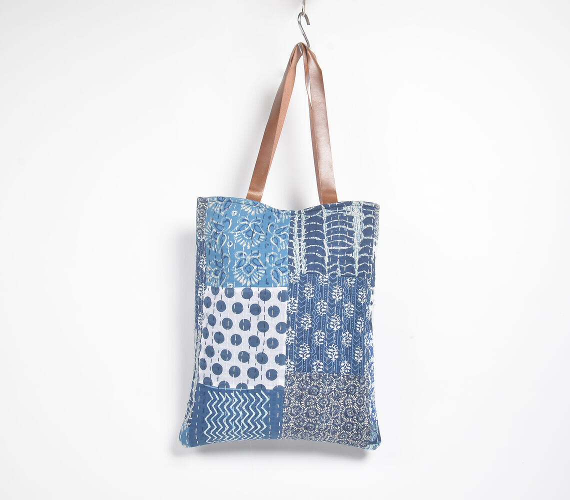 Abstract Indigo Patchwork & Kantha Tote Bag - Blue - VAQL101015105667