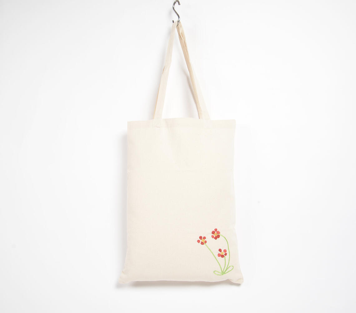 Petit Floral Embroidered Cotton Tote Bag - Natural - VAQL101015114295