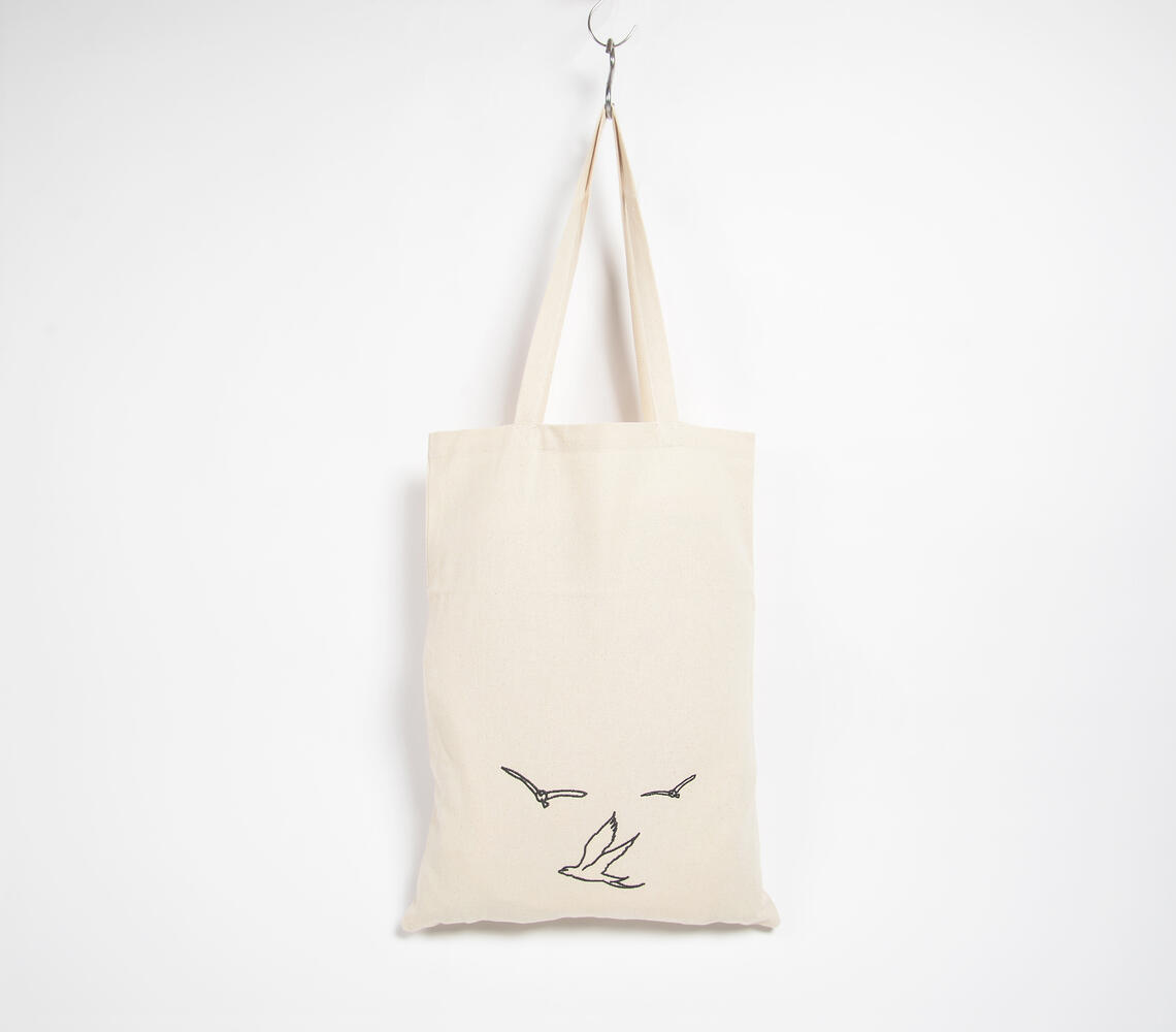 Flock of Birds Embroidered Cotton Tote Bag - Natural - VAQL101015114296